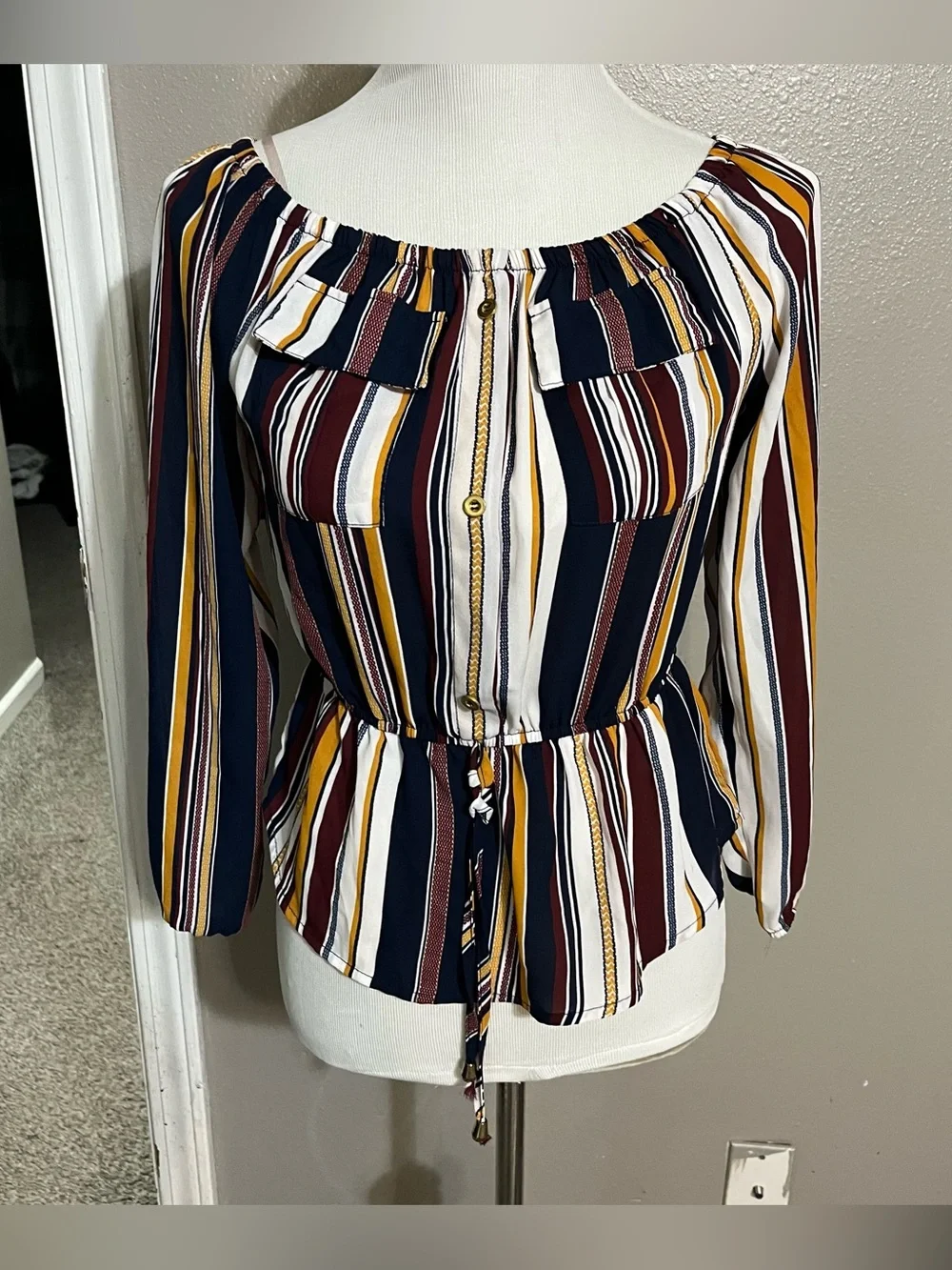 J for Justify Navy, Mustard & Burgundy Striped Peplum Blouse